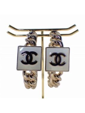 CHANEL White & Gold Interlocked Hoop Earrings